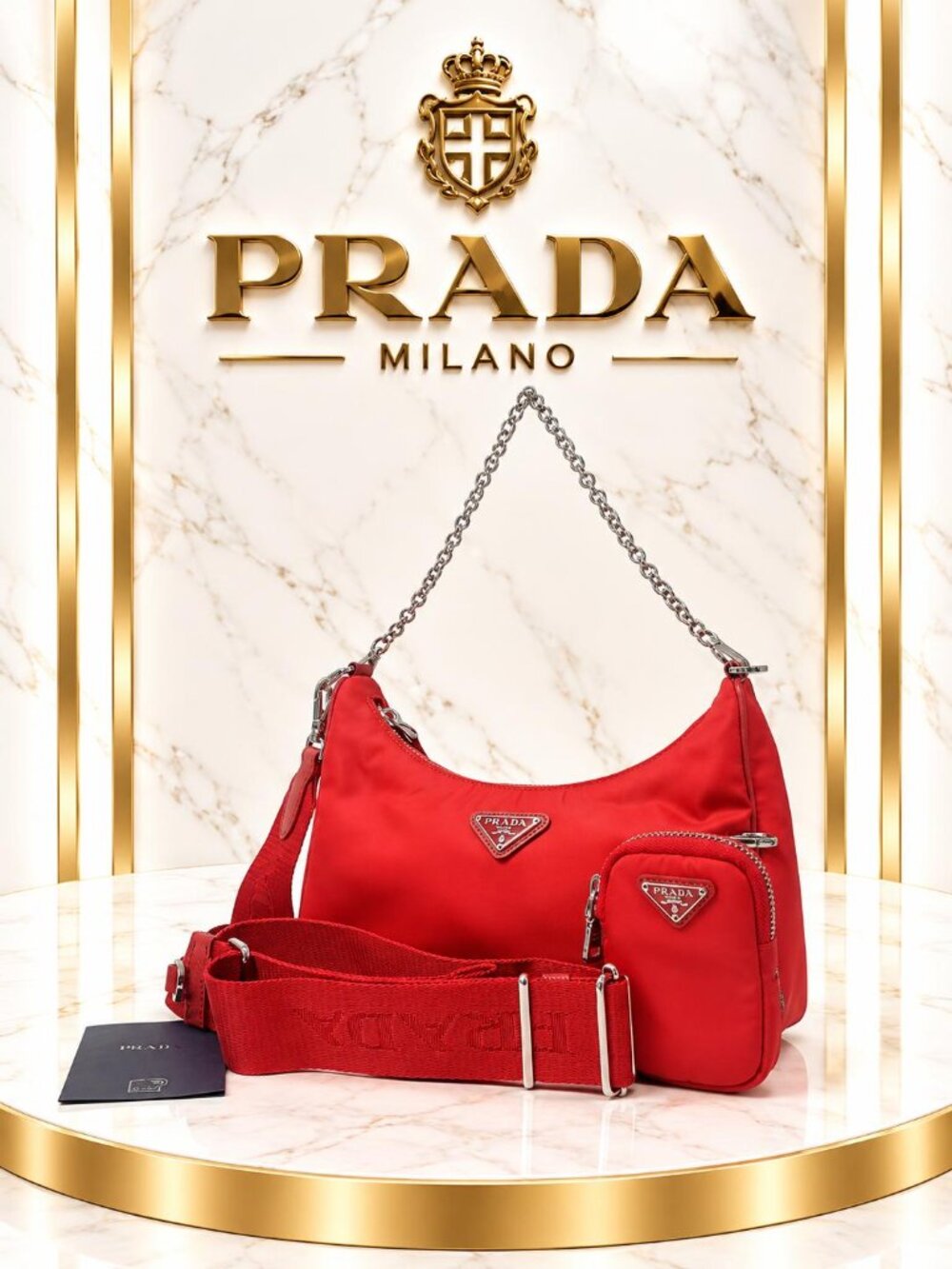 Authentic Prada Re-Edition Red Nylon Shoulder Bag Chain Strap Pouch Luxury